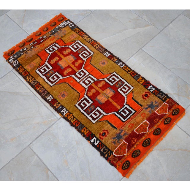 Textile 1970s Hand Made Bath Mat Kitchen Decor, Entry Mat, Colorful Small Turkish Rug - 18″ X 36″ For Sale - Image 7 of 13