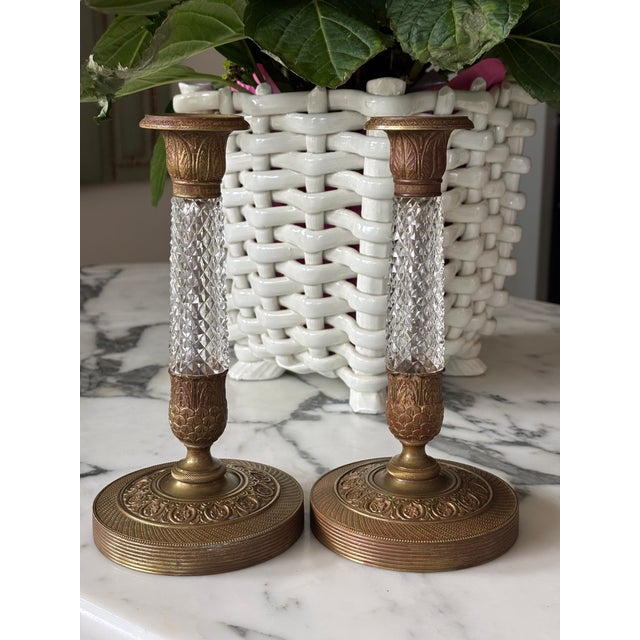 Antique French Empire Revival Gilt Brass & Cut Glass Candlesticks - A Pair For Sale - Image 9 of 13