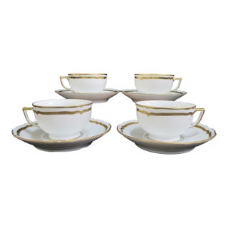 Mid 20th Century Limoges a Raynaud Marie Antoinette White Gilt Footed Cup & Saucer - Set of 4 For Sale