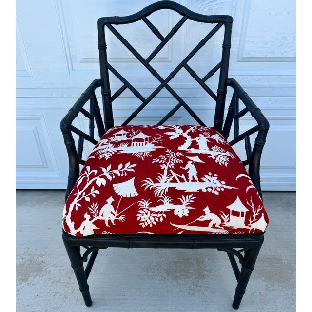 1970s Set of Six 1970s Black Chinese Chippendale Style Faux Bamboo Dining Chairs For Sale - Image 5 of 12