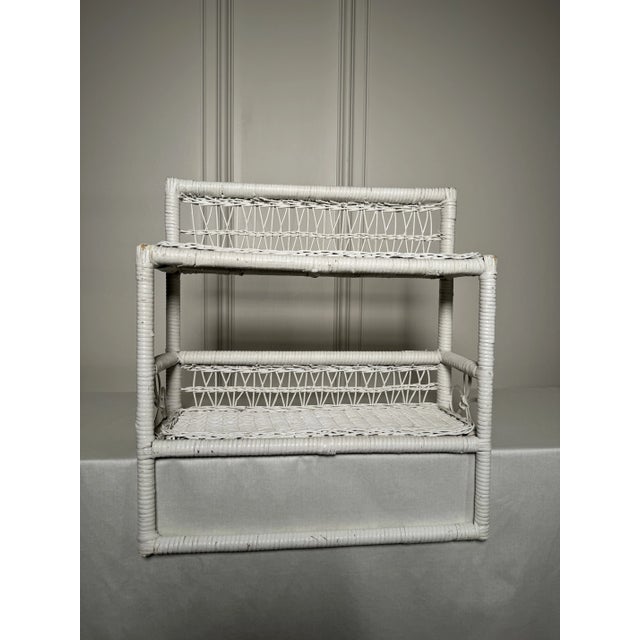 Vintage Coastal White Wicker Double Wall Shelf Towel Bar For Sale - Image 12 of 12