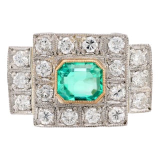 1920s Art Deco Style 1.17 Carat Emerald Diamond Platinum Tank Ring For Sale