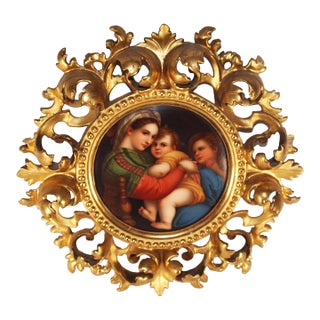 Antique Italian Hand Painted Madonna Della Seggiola Tile in Gold Gilt Frame For Sale