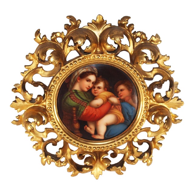 Antique Italian Hand Painted Madonna Della Seggiola Tile in Gold Gilt Frame For Sale