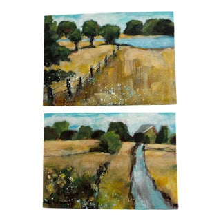 “Golden Pathways” Original, Acrylic, Modern Impressionist Landscape Diptych by Linda McDonough For Sale
