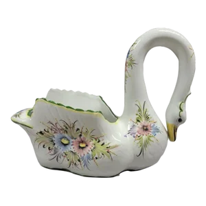Large Portuguese Porcelain Floral Swan Centerpiece