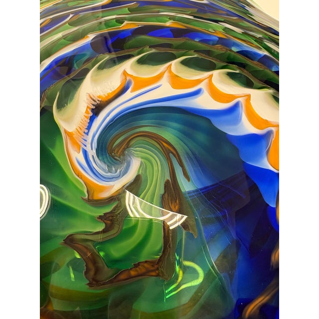 Late 20th Century Signed Mark Wagan Studio Art Glass Bowl – Blue Green Vortex Swirl Sculptural Vessel For Sale - Image 10 of 12