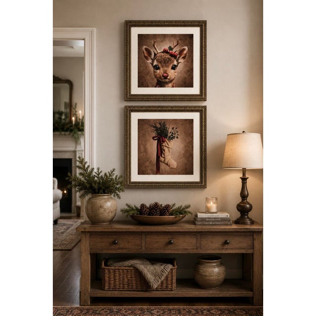 Coffee Pair of 28” Square Christmas Canvas Canvas Prints in Heavy Carved Gilt Wood Frames For Sale - Image 8 of 12
