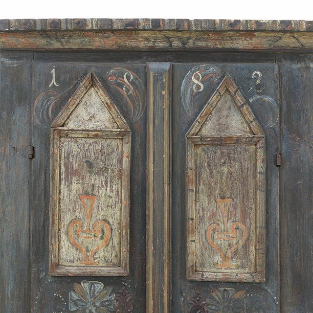 Late 19th Century Antique Rustic Farmhouse Folk Art Painted Bridal Cabinet, 1882 For Sale - Image 5 of 18