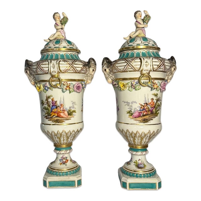 Matched Pair of Late 19th Century KPM Porcelain Covered Urns With Applied Decoration For Sale