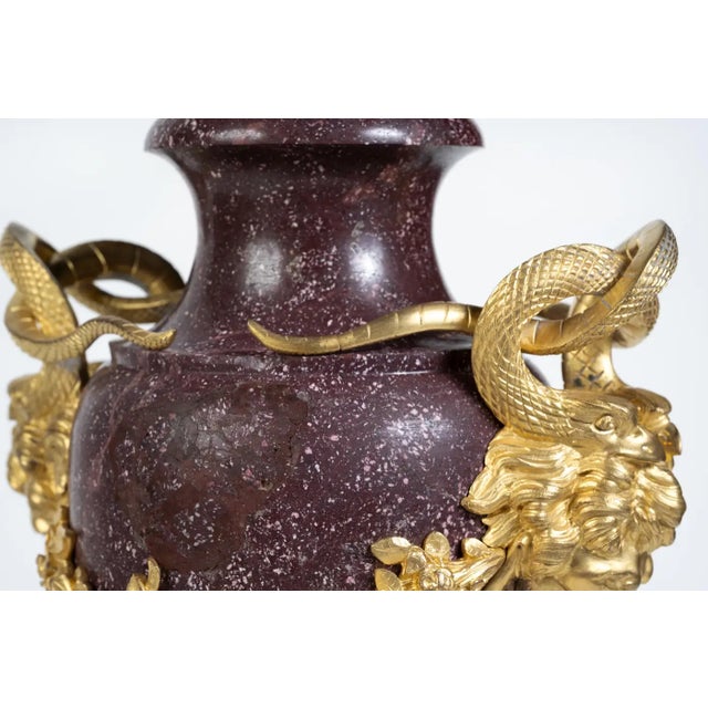 A Large Pair of French Ormolu-Mounted Porphyry Vases For Sale - Image 10 of 12