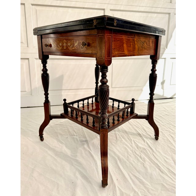 Antique Louis XVI Marquetry Envelope Folding Game Table With Felt Top & Drawer For Sale - Image 16 of 18