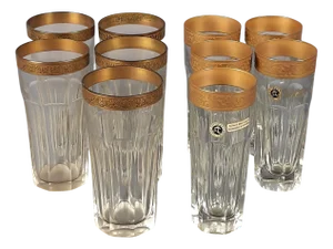Cut Crystal Glasses with Floral Profiles in Pure Gold, 1950s, Set of 10
