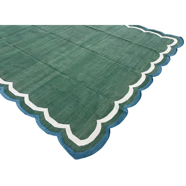 Not Yet Made - Made To Order Handmade Cotton Flat Weave Area Rug, Forest Green, Cream and Teal Blue Scalloped Dhurrie - 8'x10' For Sale - Image 5 of 14