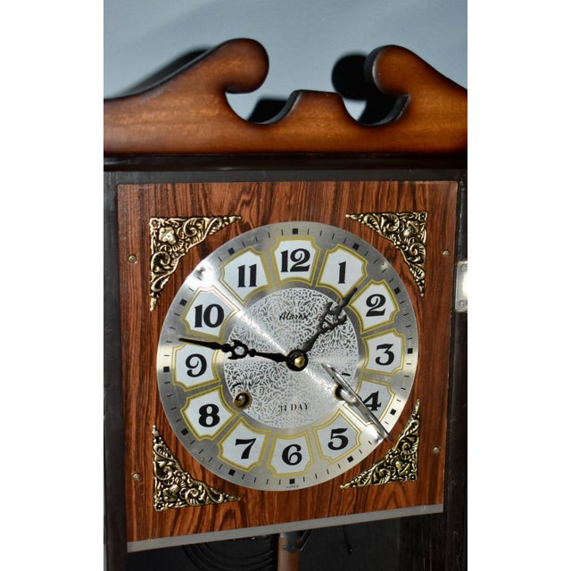 Wood Vintage Alaron Regency Style Wall/Mantel Clock W/Pendulum and Key For Sale - Image 7 of 12