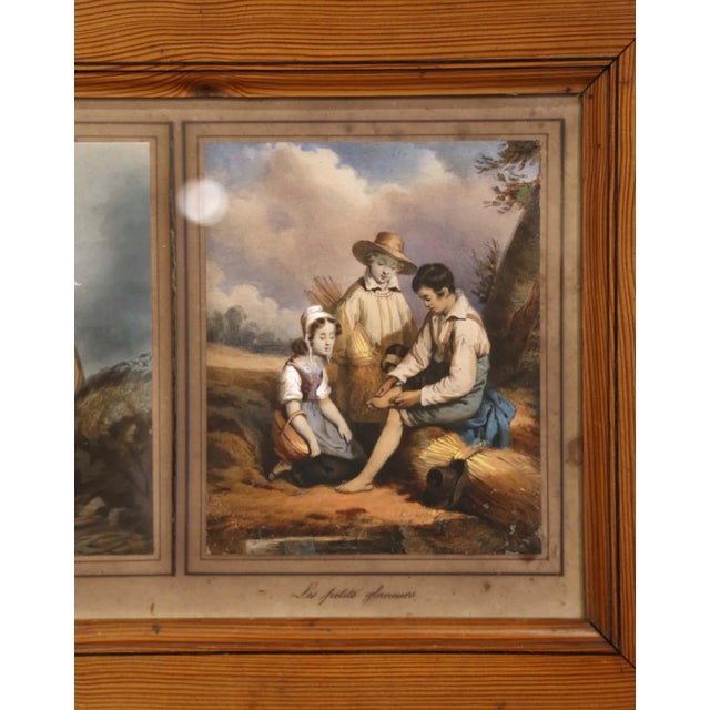 Brown Mid 19th Century French Watercolor Pictures Under Glass in Pine Frame For Sale - Image 8 of 11