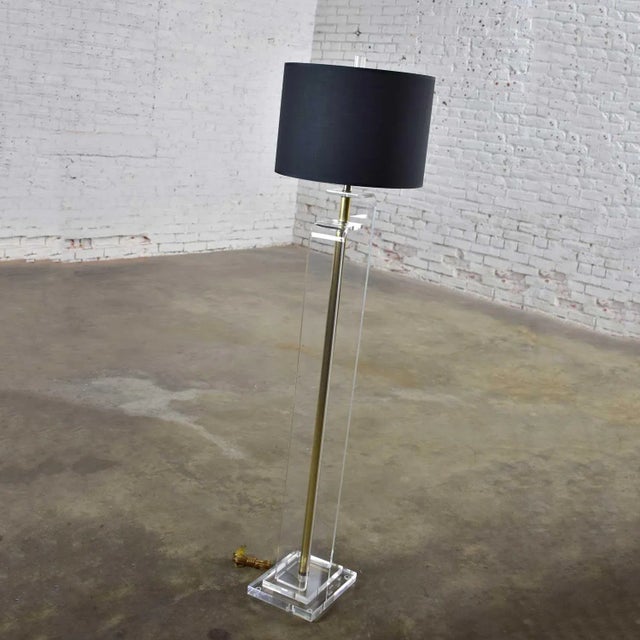 Vintage Mid-Century Modern Art Deco or Hollywood Regency Floor Lamp Lucite and Brass Plate Black Shade For Sale - Image 17 of 17