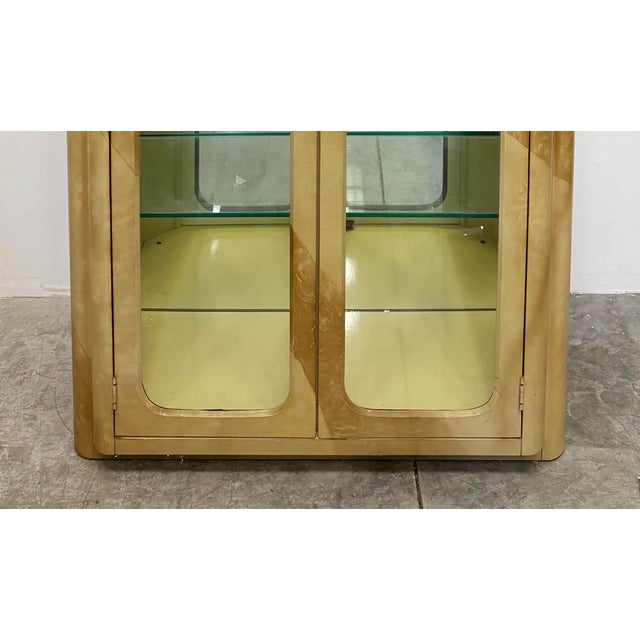 Metal Vintage Laquered Faux Goatskin and Glass Vitrine Cabinets, Pair For Sale - Image 7 of 10
