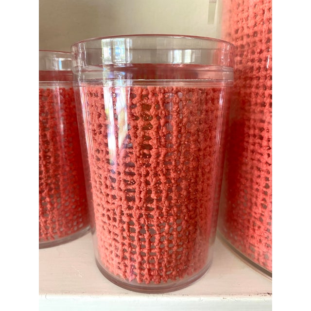 1980s 1980s Lucite With Coral Pink Rattan Webbing Ice Bucket and Tumblers Set - 5 Pieces For Sale - Image 5 of 13