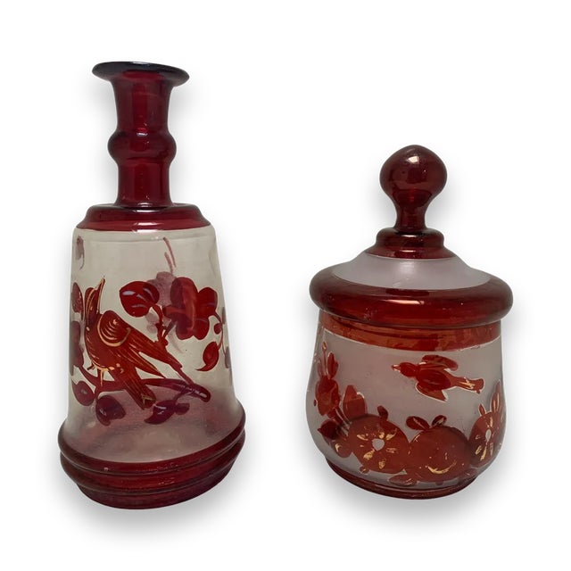 Scarlet Vintage Bohemian Glass Bottle and Lidded Jar - Set of 2 For Sale - Image 8 of 9