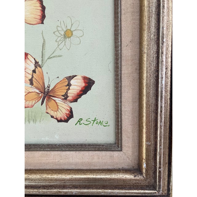 Textile Vintage Butterfly Painting by R. Stone -- Mid-Century Oil on Canvas, Framed For Sale - Image 7 of 7
