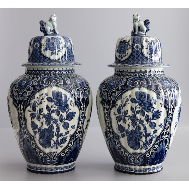 Large Mid-Century Dutch Delft Lidded Ginger Jars Vases - A Pair For Sale - Image 10 of 10