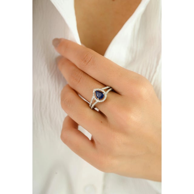 Metal 14k White Gold Sapphire Diamond Pear Engagement Ring Size 5.5 For Sale - Image 7 of 12