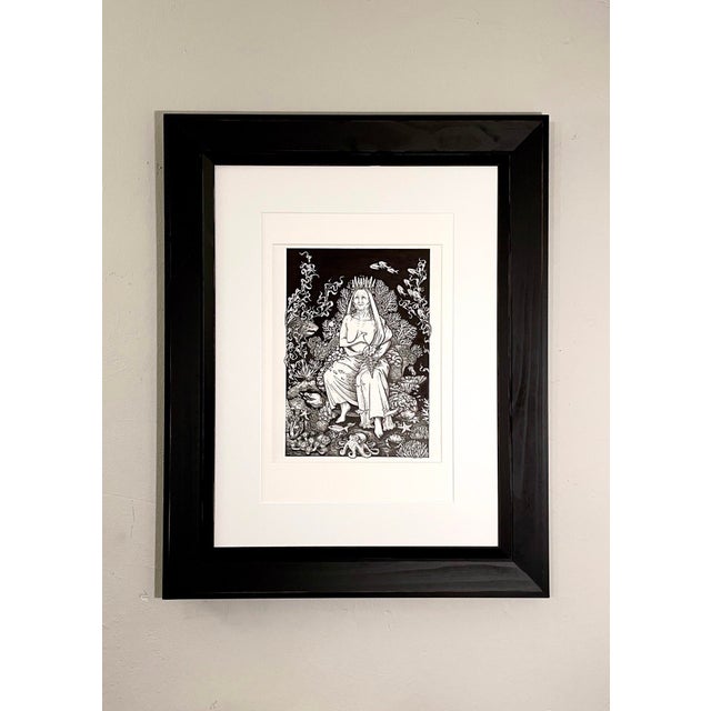 This ink-on-paper artwork features a central figure, the Queen of Cups, seated amidst an intricate underwater scene filled...
