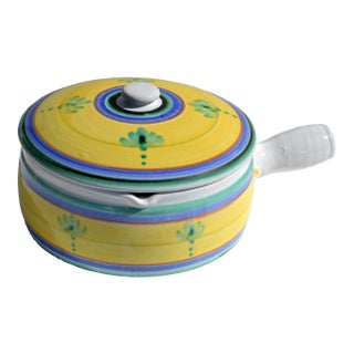 1970s Caleca Ceramic Hand Painted Italy Round Casserole With Lid Rustic European Pottery For Sale
