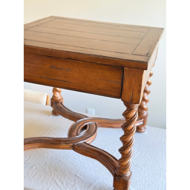 French 18th C. Charles II Style Barley Twist Spanish Revival Side Table With One Drawer Solid Walnut Wood in Style of Theodore Alexander / Eddie Bauer For Sale - Image 11 of 12