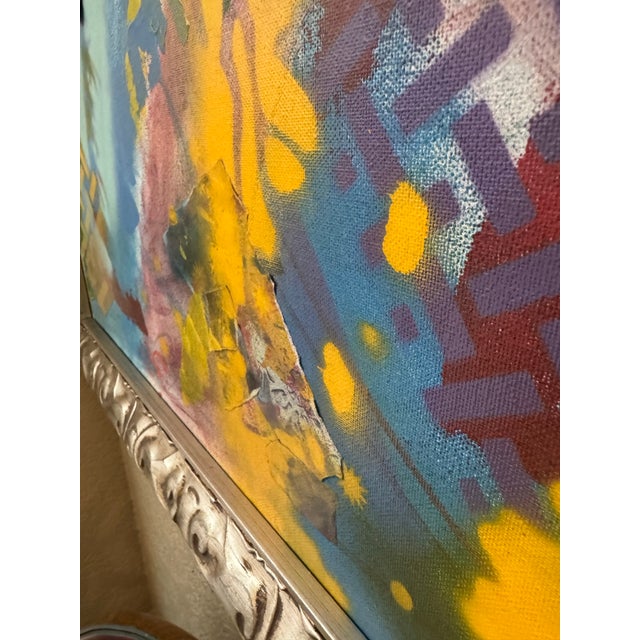 Silver Large Vibrant Abstract Mixed Media Painting on Canvas Ornate Silver Frame Statement Art For Sale - Image 8 of 12