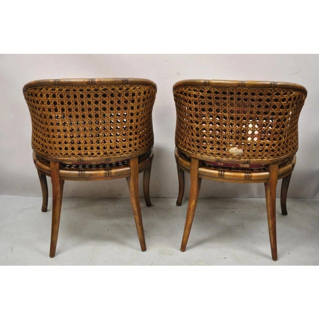 Vintage Hollywood Regency Faux Bamboo Cane Barrel Back Lounge Chairs (A) - Pair For Sale - Image 12 of 12