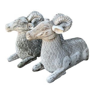 Vintage Monumental Distressed Hand Carved Rams - A Pair For Sale