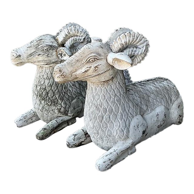 Vintage Monumental Distressed Hand Carved Rams - A Pair For Sale