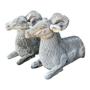 Vintage Monumental Distressed Hand Carved Rams - A Pair