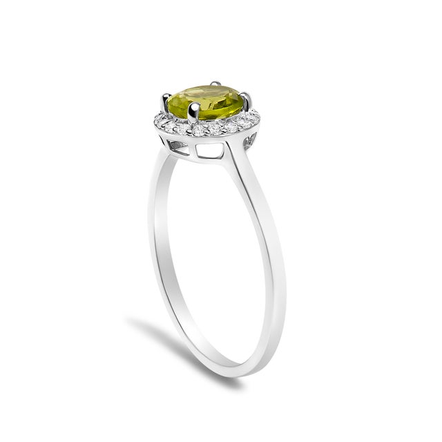 10K White Gold Green Peridot and 1/10 Cttw Diamond Halo Ring For Sale - Image 4 of 7