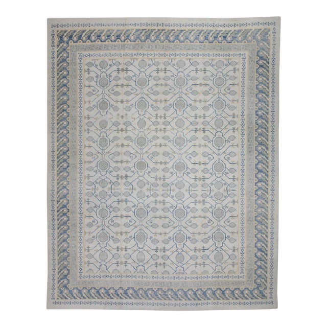Early 21st Century Cream & Blue Geometric Design Handwoven Wool Turkish Oushak Rug 12' X 14'6" For Sale