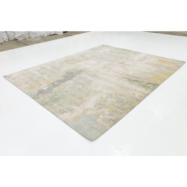 Textile Abstract Watercolor Modern Area Rug – Sage Green, Gold, & Ivory Wool-Nylon Blend For Sale - Image 7 of 10