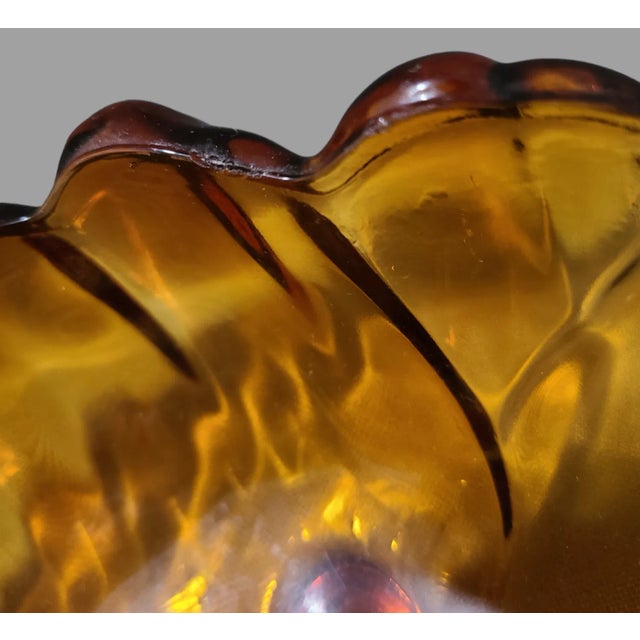 Mid 20th Century Vintage Amber Color Indiana Glass Bowl Sunflower Center Footed Scalloped Edge For Sale - Image 5 of 8