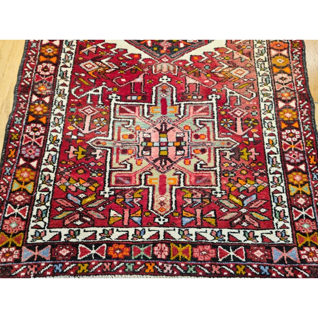 Antique Persian Heriz Karajeh Runner, Hand-Knotted Wool, Geometric Medallion Pattern, Red & Navy, 4x14 For Sale - Image 14 of 18