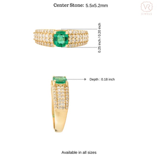 Gold Cushion Cut Green Emerald With Sparkling Diamonds Wedding Ring Size 6.5 For Sale - Image 8 of 12
