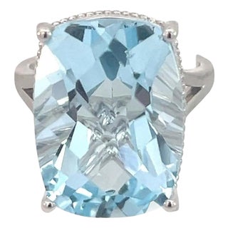Natural Solitaire Blue Topaz Ring 6.5 14k W Gold 19.58 Cts Certified For Sale