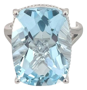 Natural Solitaire Blue Topaz Ring 6.5 14k W Gold 19.58 Cts Certified