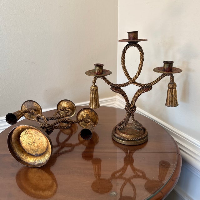 Vintage Italian Style Gilt Decorative Toleware Rope and Tassle Candlesticks- Set of 2 For Sale - Image 9 of 10