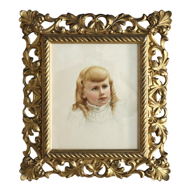 Antique Foliage Form Giltwood Frame with a Signed Portrait Print of a Girl 19th Century For Sale