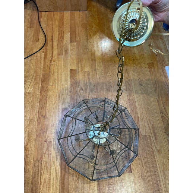 Metal Vintage Leaded Glass Pane Chandelier For Sale - Image 7 of 9