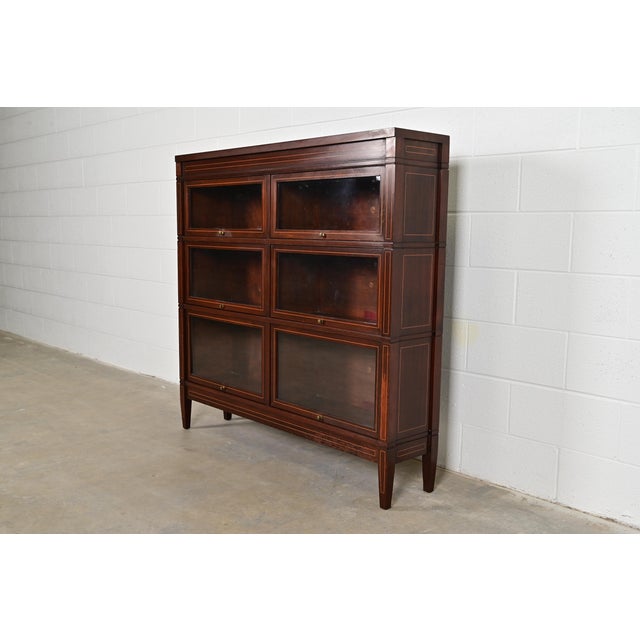 English Globe Wernicke Arts & Crafts Inlaid Mahogany Three-Stack Double Barrister Bookcase, Circa 1900 For Sale - Image 3 of 13