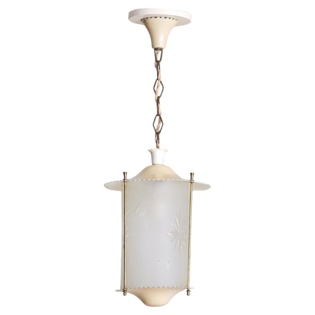 Italian Cylindrical Ivory Lacquer + Starburst Glass Lantern Pendant, 1950s For Sale - Image 4 of 11