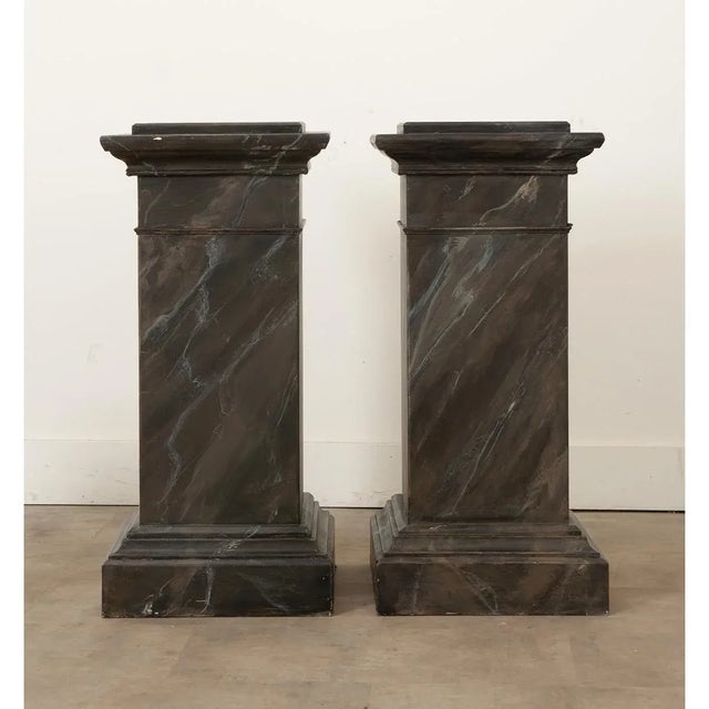 Wood Reproduction Faux Marble Pedestals - a Pair For Sale - Image 7 of 9