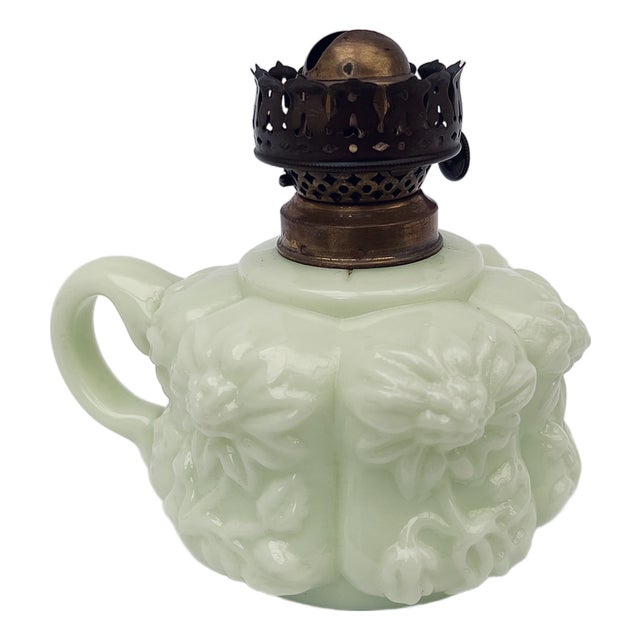 Antique Uranium Glass Floral Miniature Lamp, 1900s For Sale